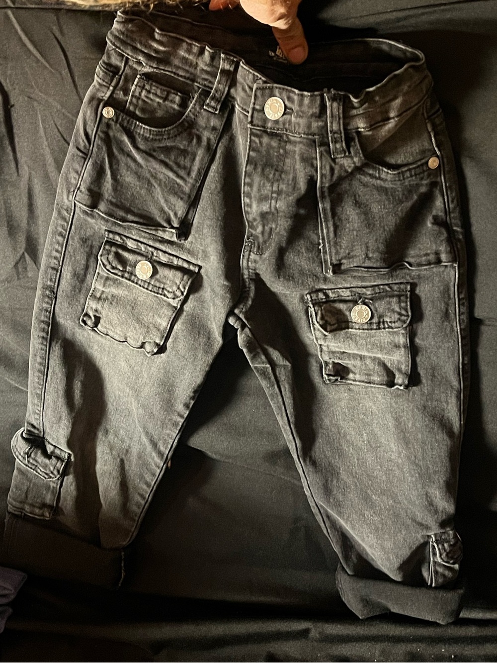 Boys Black Utility Cargo Jeans “denim & rivets” size 7  - Durable Pocket Detail
